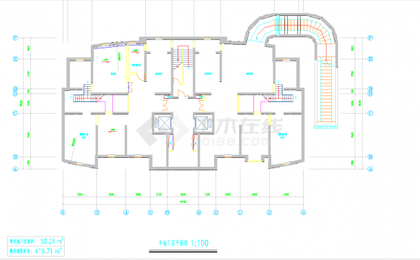 某地多层1楼梯2电梯2户三室二厅一书房户型住宅楼设计图纸-图一