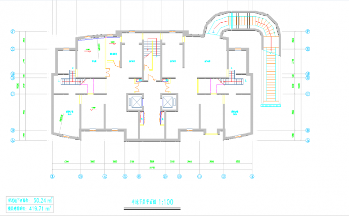 某地多层1楼梯2电梯2户三室二厅一书房户型住宅楼设计图纸_图1