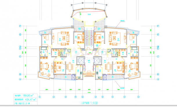 某地多层1楼梯2电梯2户三室二厅一书房户型住宅楼设计图纸-图二