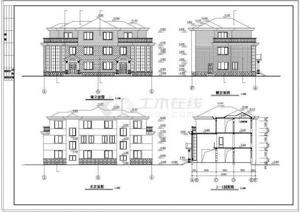联排三层别墅建筑cad设计施工图纸（含效果图）-图一
