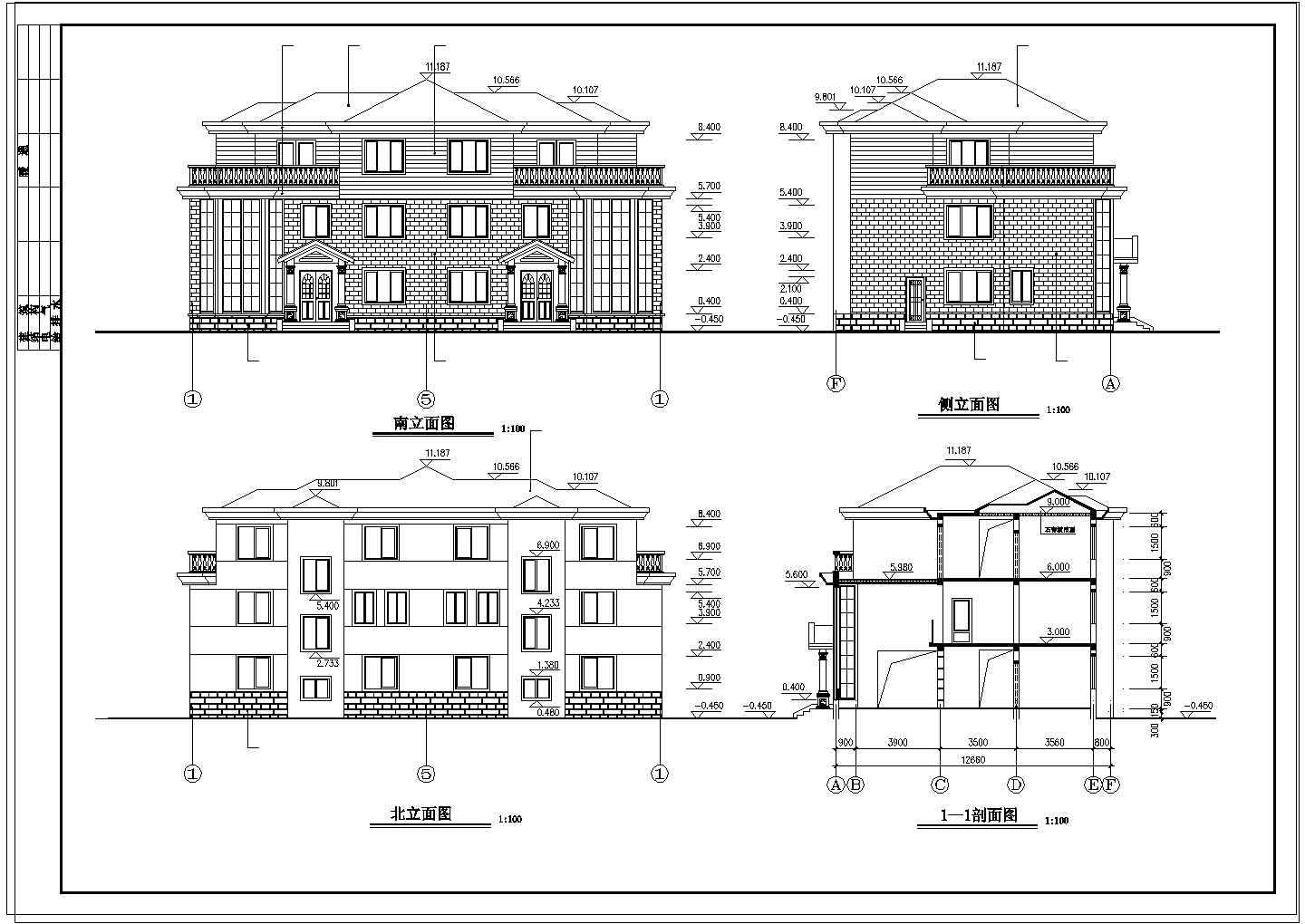联排三层别墅建筑cad设计施工图纸（含效果图）