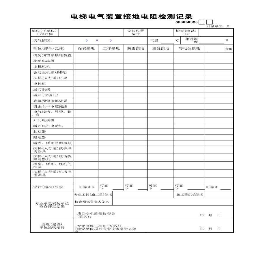 某电梯电气装置接地电阻检测记录