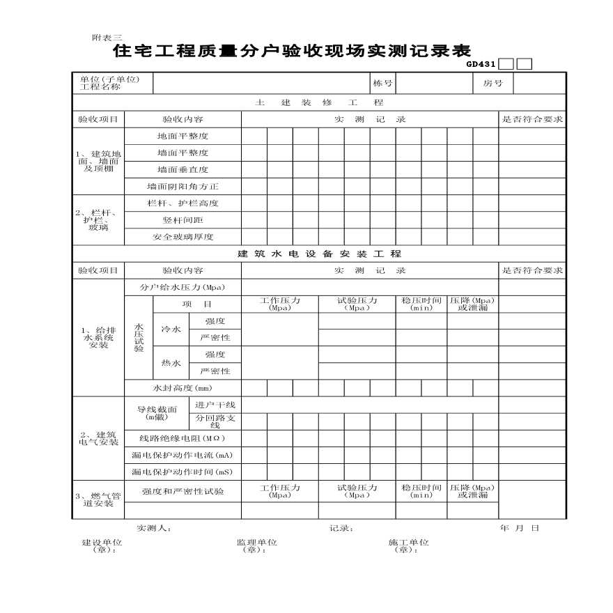 某住宅工程质量分户验收现场实测记录表-图一