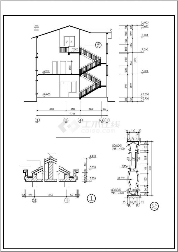 郑州某现代化村镇400平米3层砖混结构单体别墅建筑设计CAD图纸-图二