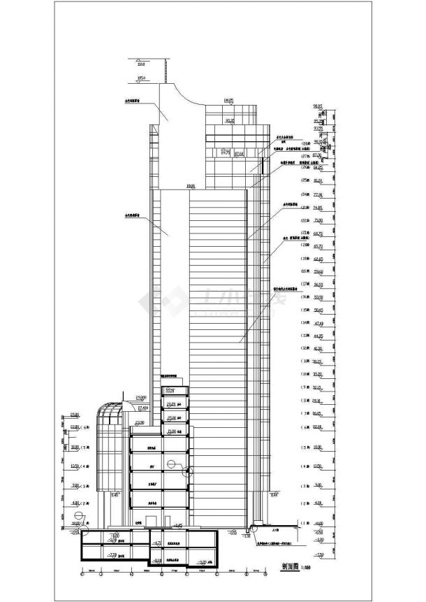 财富广场高层剪力墙结构商业楼设计cad建筑立剖面方案图（甲级院设计）-图一