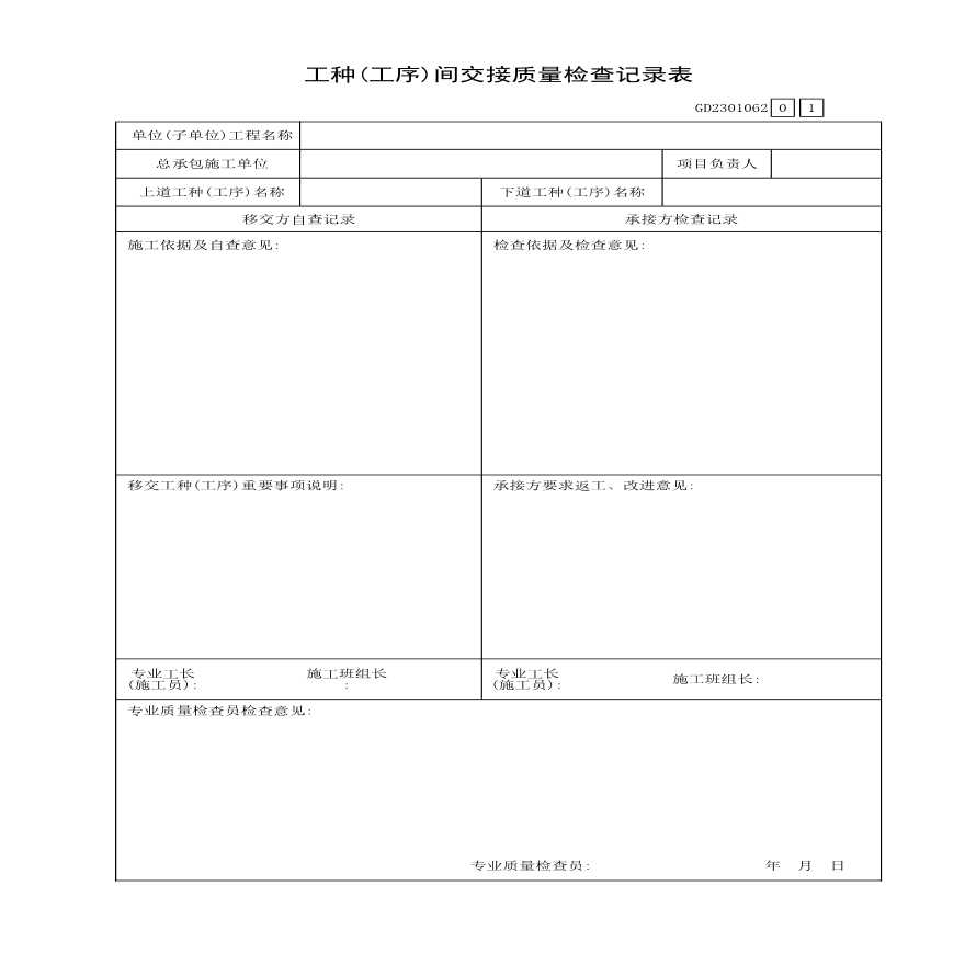 工种工序间交接质量检查记录表-图一