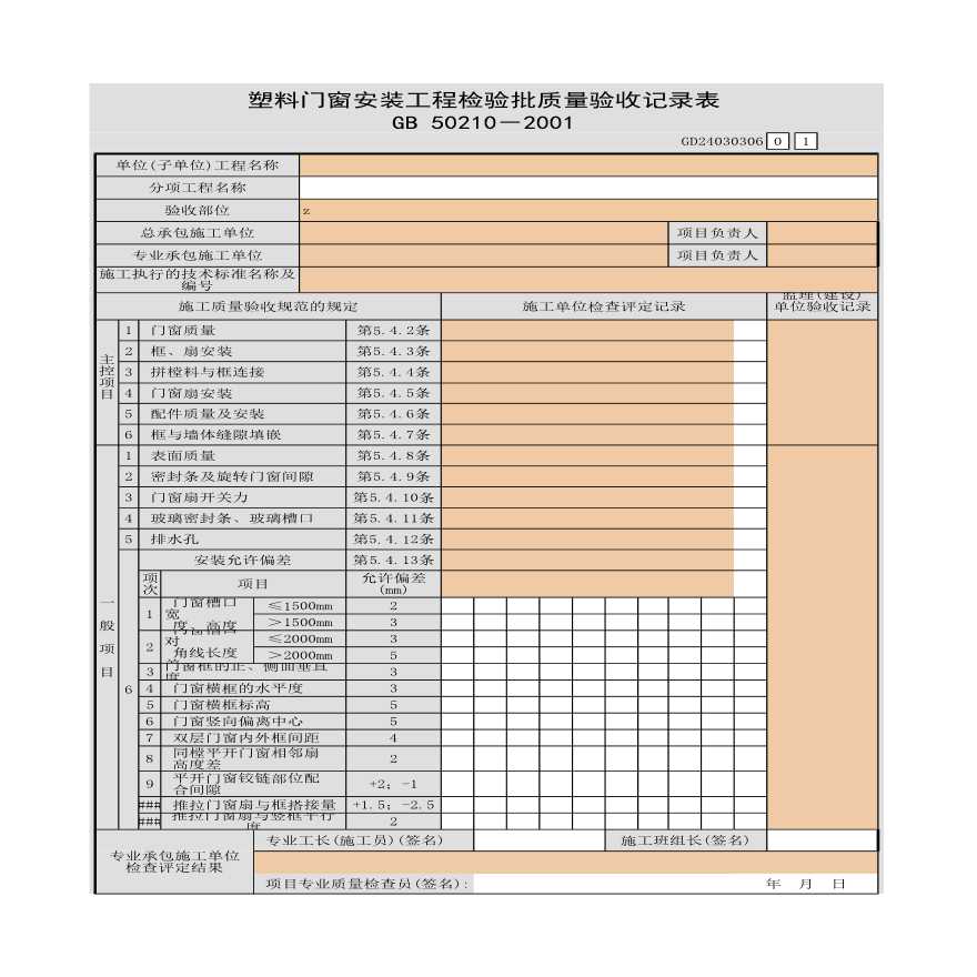 某单位塑料门窗安装工程检验批质量验收记录表-图一