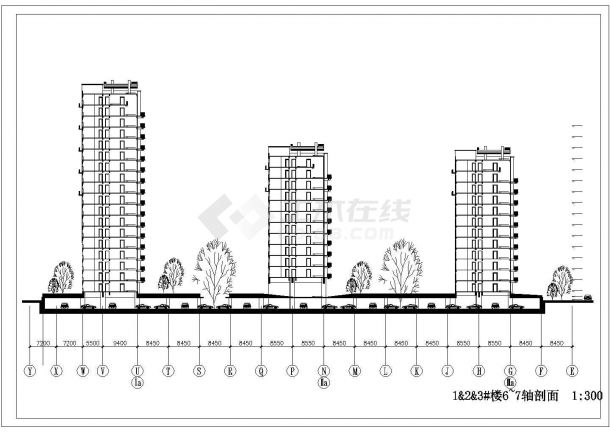 武汉市某小区三栋高层联排式住宅楼建筑设计CAD图纸（含架空层）-图一