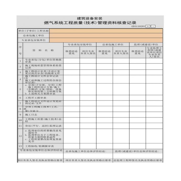 燃气系统分部工程竣工验收质量(技术)管理控制文件资料组卷目录_图1