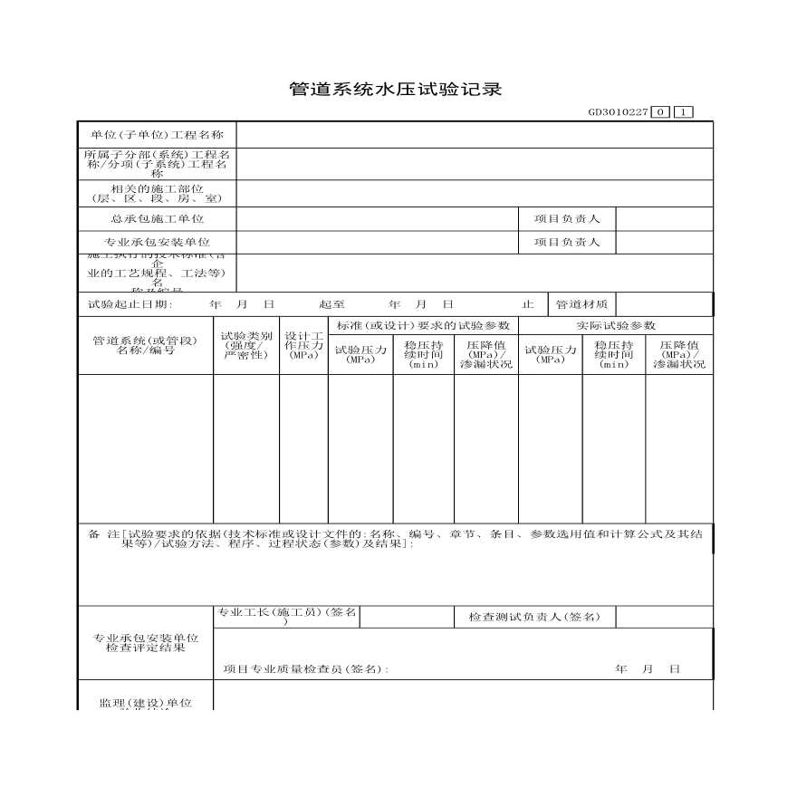 某工程管道系统水压试验记录-图一