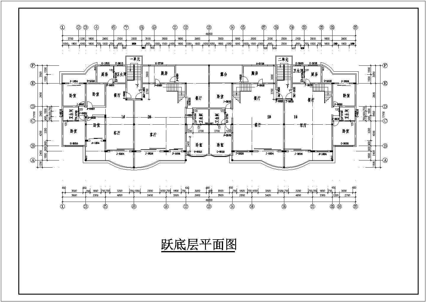 扬州市某小区四层框混结构住宅楼平面设计CAD图纸（四层为复式）