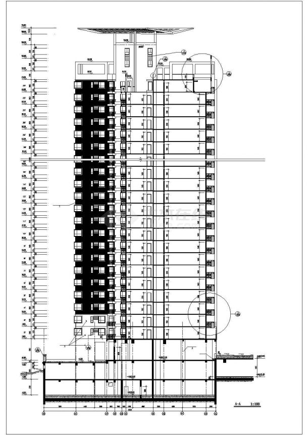 33+2层框架结构立剖面设计CAD图纸（底层为架空层/含机房层）-图一