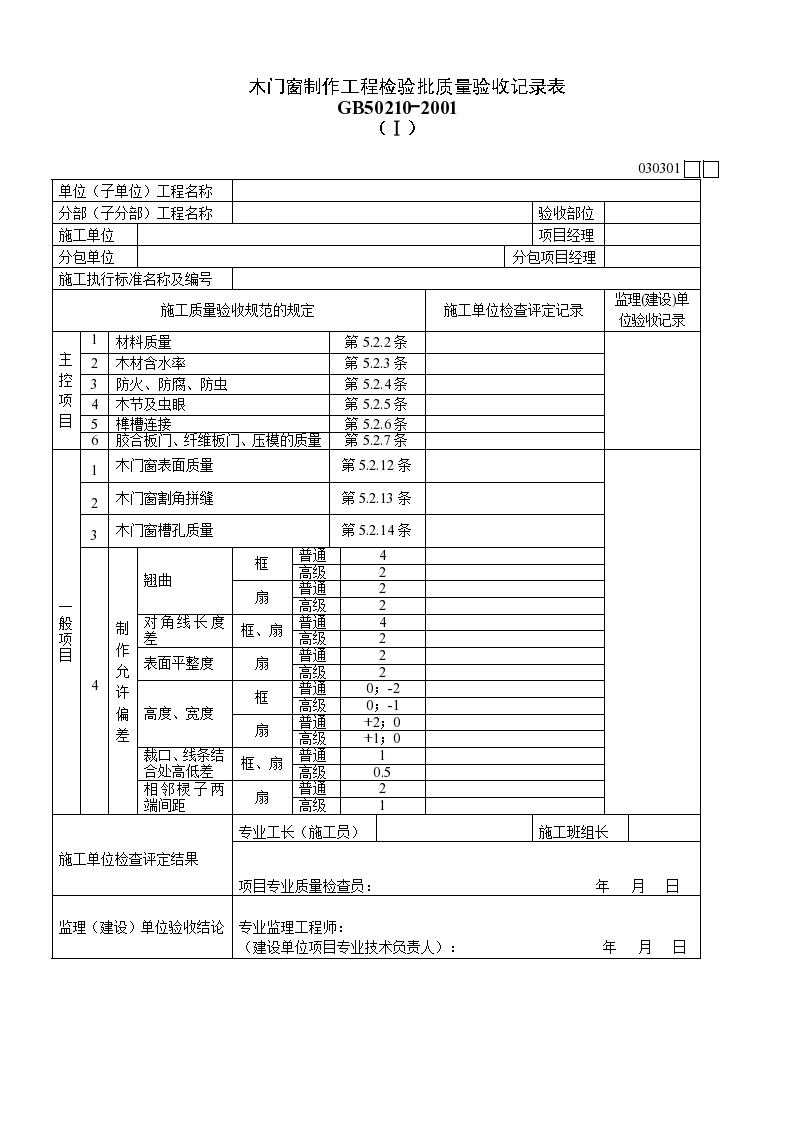 木门窗制作工程检验批质量验收记录表（Ⅰ）