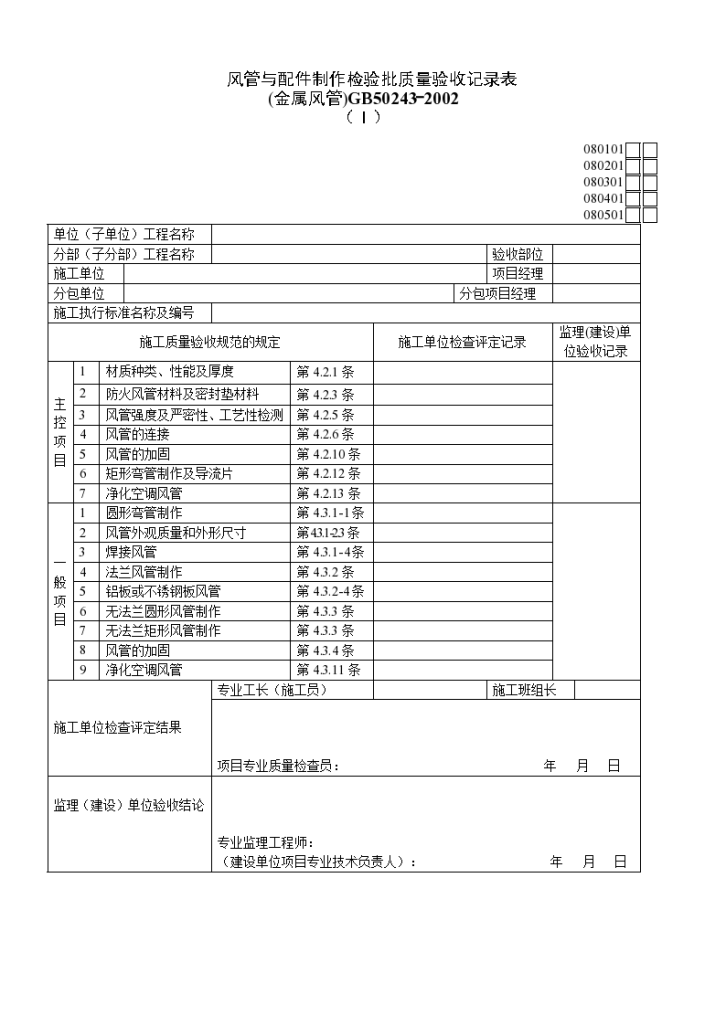 某风管与配件制作检验批质量验收记录表(金属风管)（Ⅰ）-图一