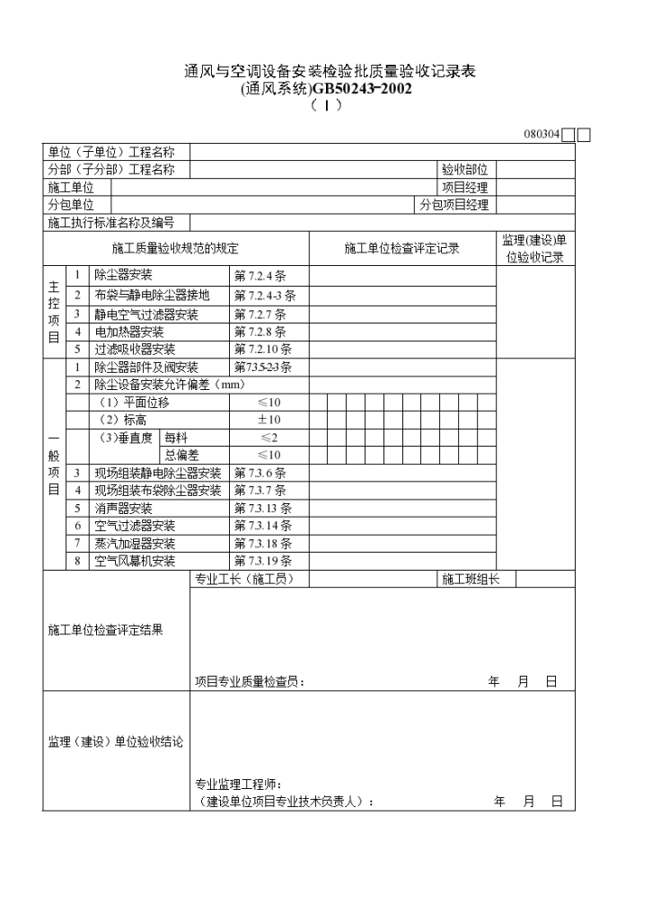 通风与空调设备安装检验批质量验收记录表（Ⅰ）-图一