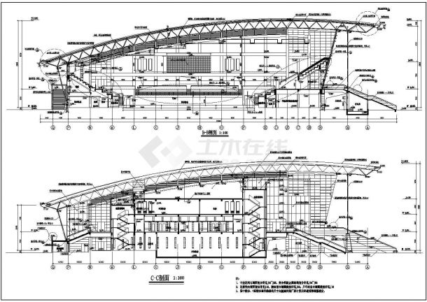 某大型多层框架结构体育中心设计cad建筑立剖面方案图（标注详细）-图一
