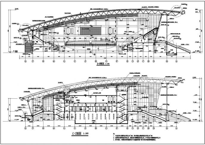 某大型多层框架结构体育中心设计cad建筑立剖面方案图（标注详细）_图1