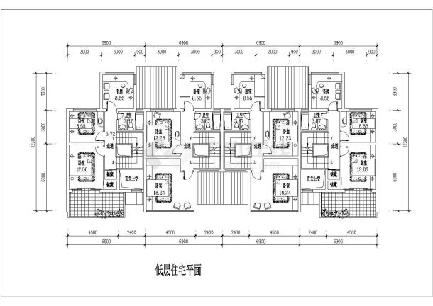 1100平米2层砖混结构4户并联式别墅楼建筑设计CAD图纸-图一