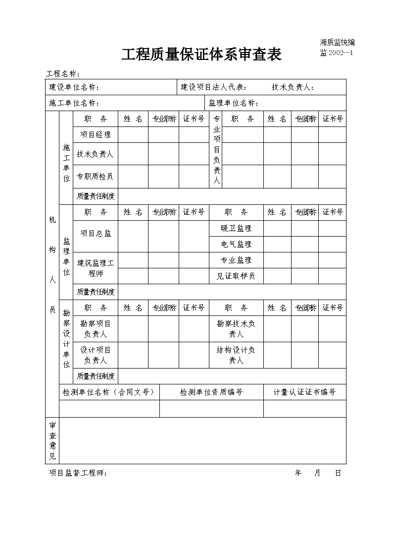 某工程质量保证体系审查表