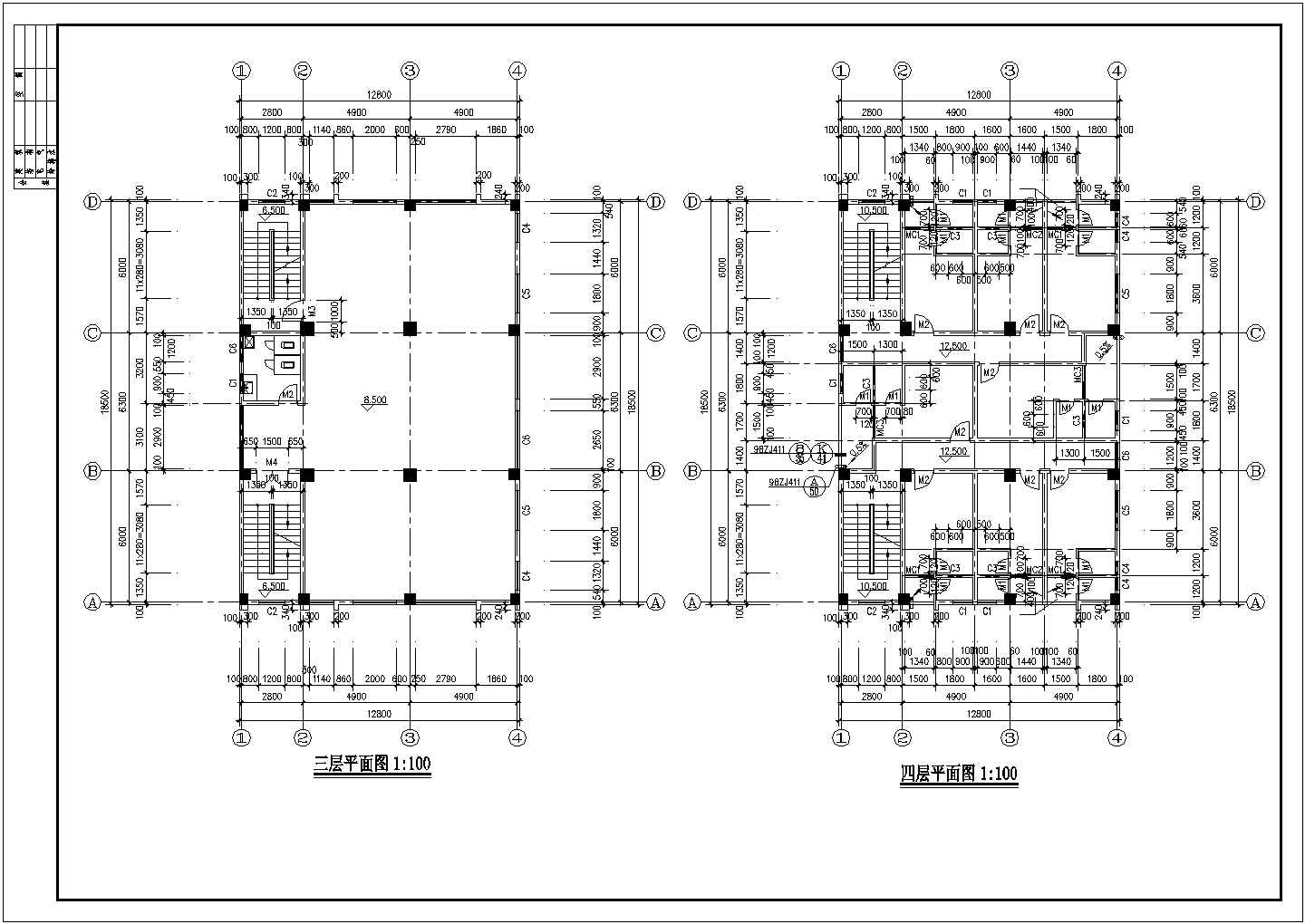 3200平米4层框混结构商住综合楼建筑设计CAD图纸（1-3层商铺）
