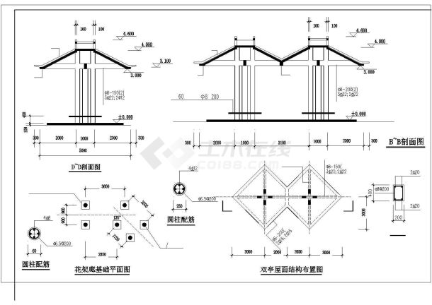 CAD景观设计施工图--亭桥花架廊详图-图一