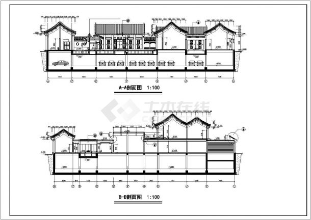 2层框架结构仿古商业综合楼立剖面设计CAD图纸（含地下车库层）-图一