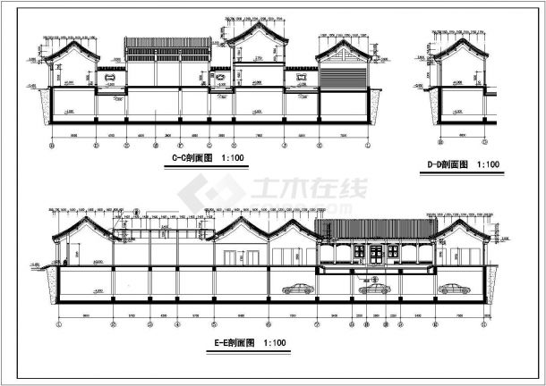 2层框架结构仿古商业综合楼立剖面设计CAD图纸（含地下车库层）-图二