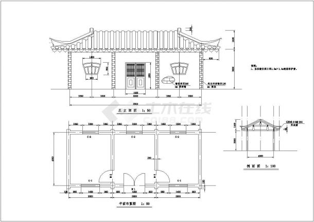 西宁市某文化休闲公园单层砖混结构仿古大殿建筑设计CAD图纸-图一