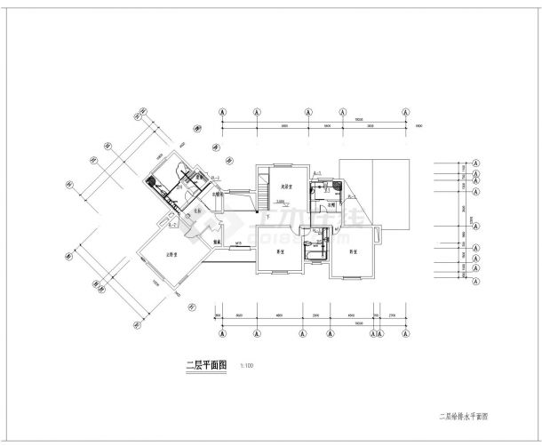 2层不规则别墅给排水工程CAD图纸-图一