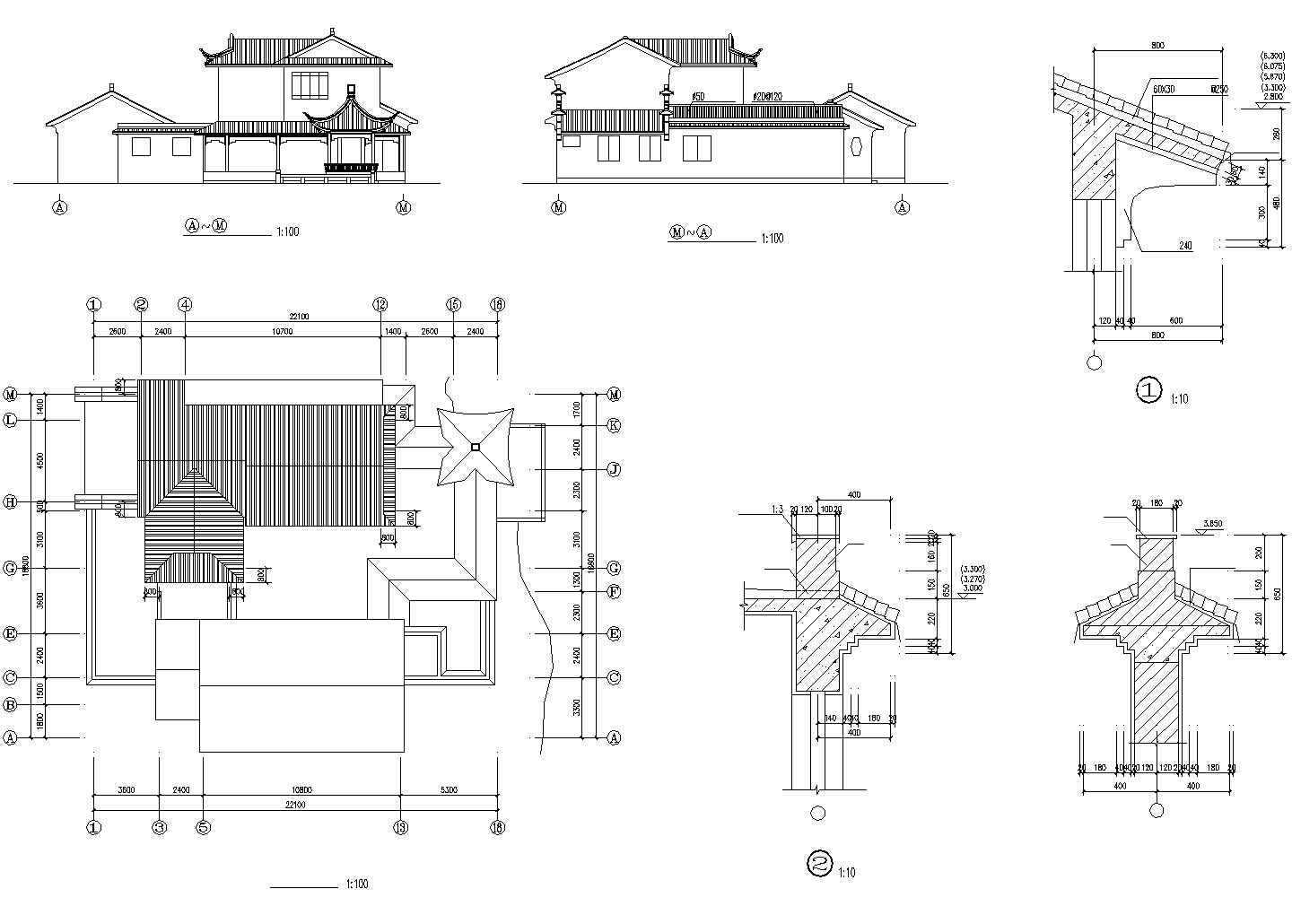 2层混合结构仿古别墅全套建筑设计CAD图纸（3套方案）