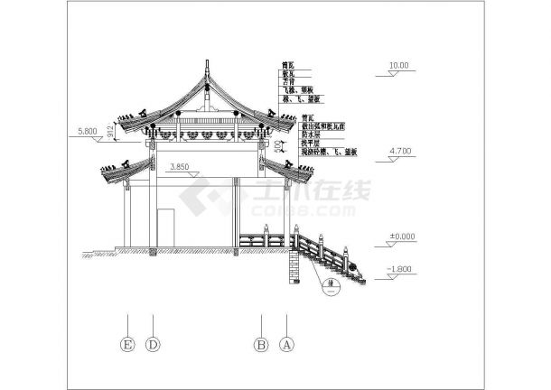 陕西省某知名景区的入口仿古山门平立剖面设计CAD图纸-图二