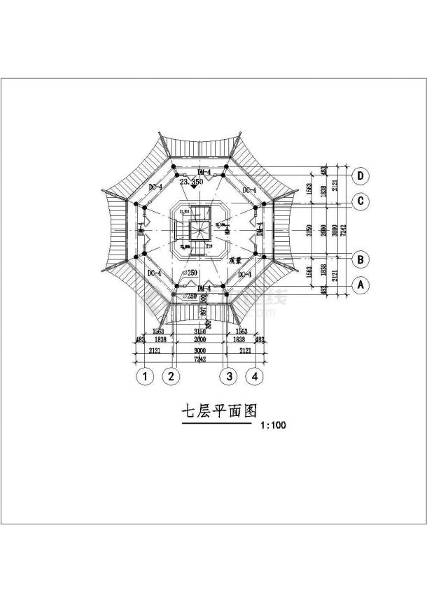 哈尔滨市某文化公园七层仿古景观塔建筑设计CAD图纸（含大样图）-图一