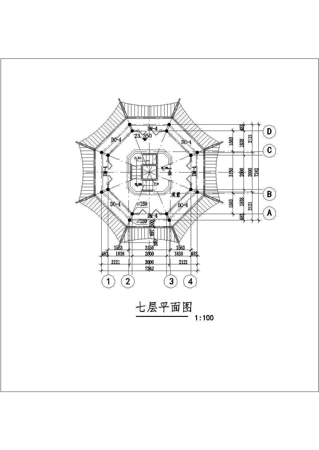 哈尔滨市某文化公园七层仿古景观塔建筑设计CAD图纸（含大样图）