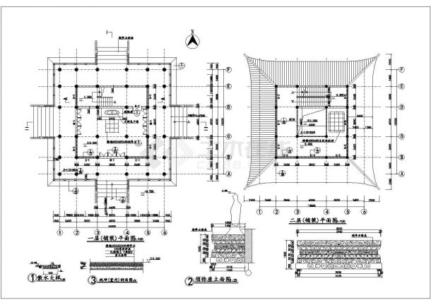 长沙市某知名景区3层框架结构仿古楼阁建筑设计CAD图纸-图二