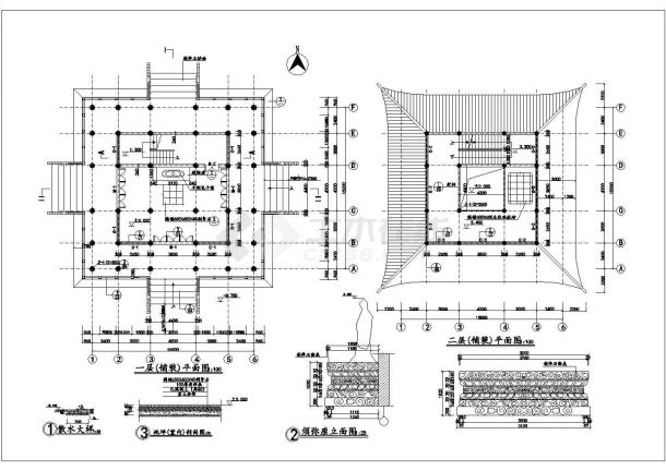 长沙市某知名景区3层框架结构仿古楼阁建筑设计cad图纸