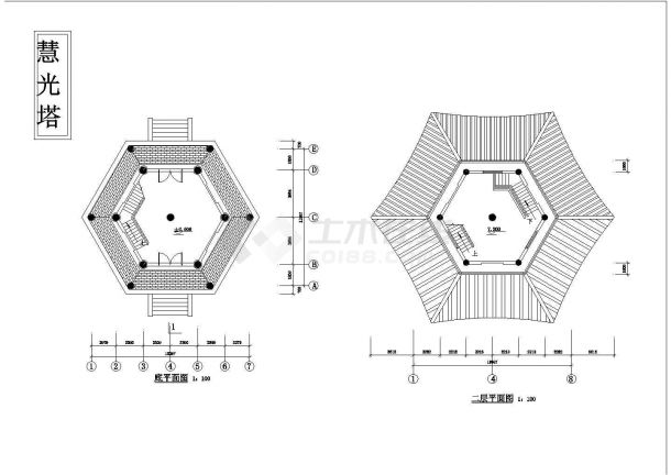 成都市某寺庙内部7层砖混结构古塔建筑设计CAD图纸-图一