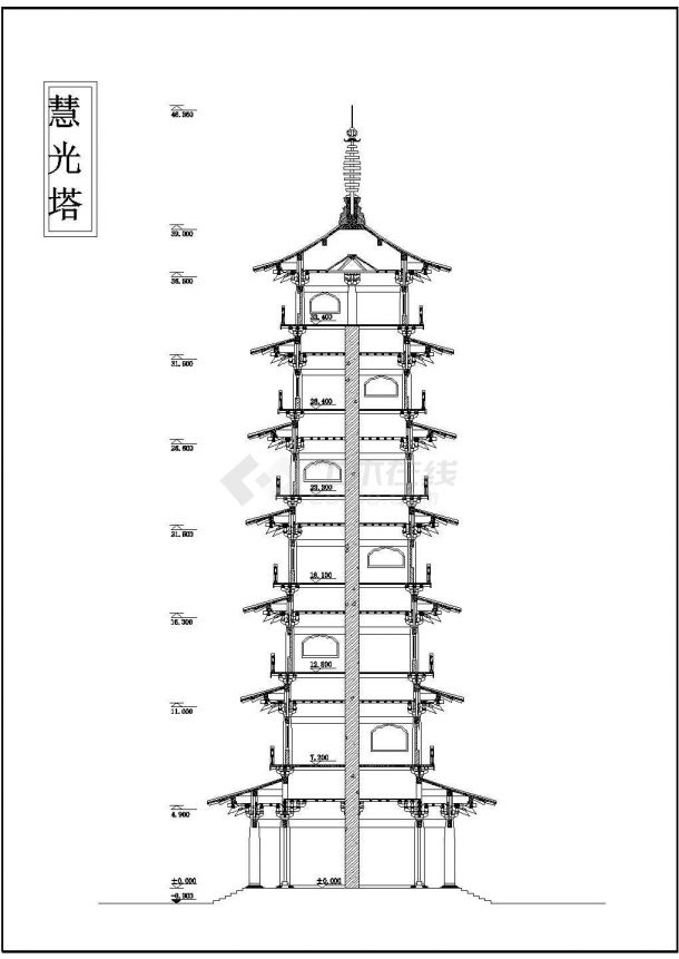 成都市某寺庙内部7层砖混结构古塔建筑设计CAD图纸-图二