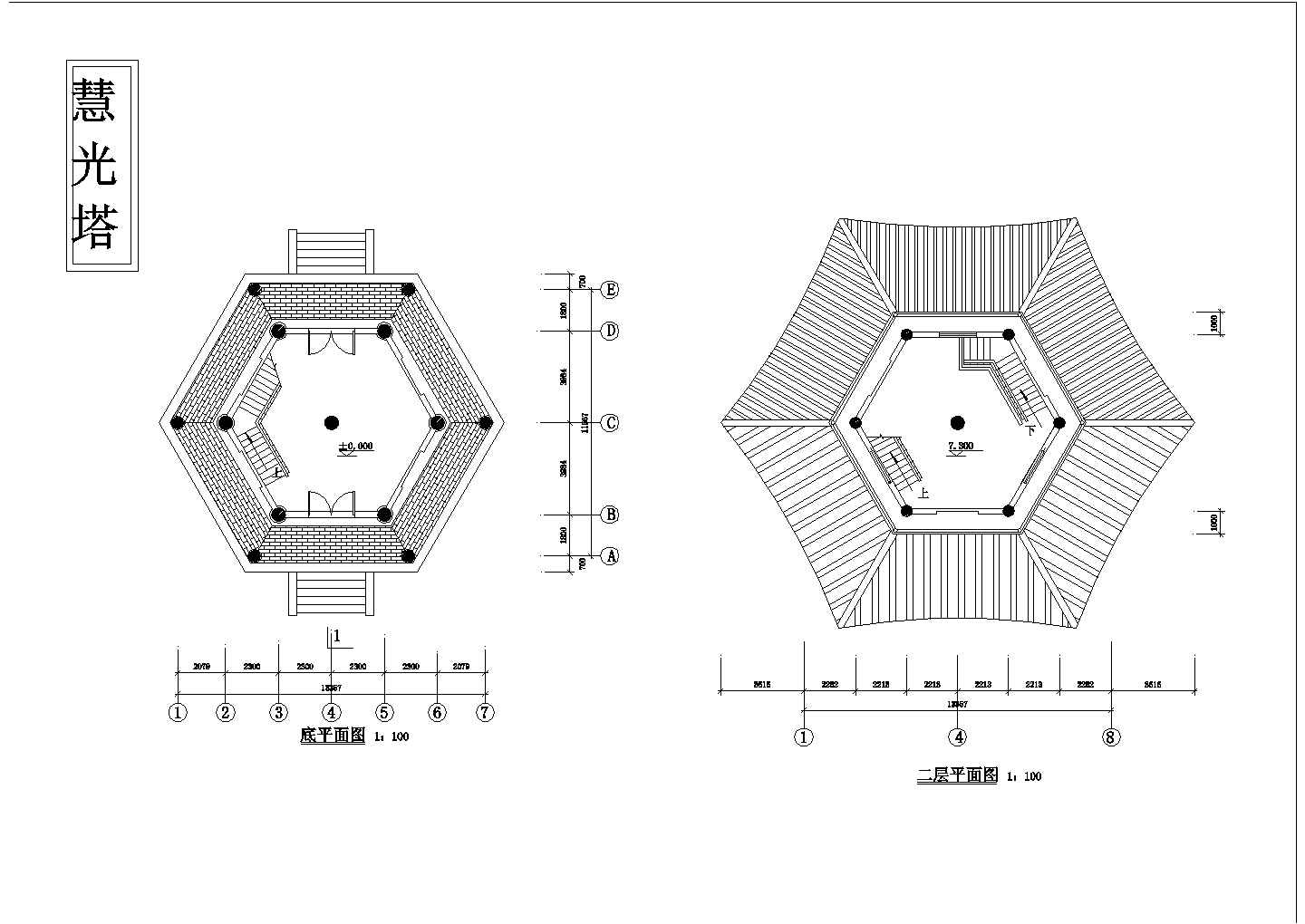 成都市某寺庙内部7层砖混结构古塔建筑设计CAD图纸