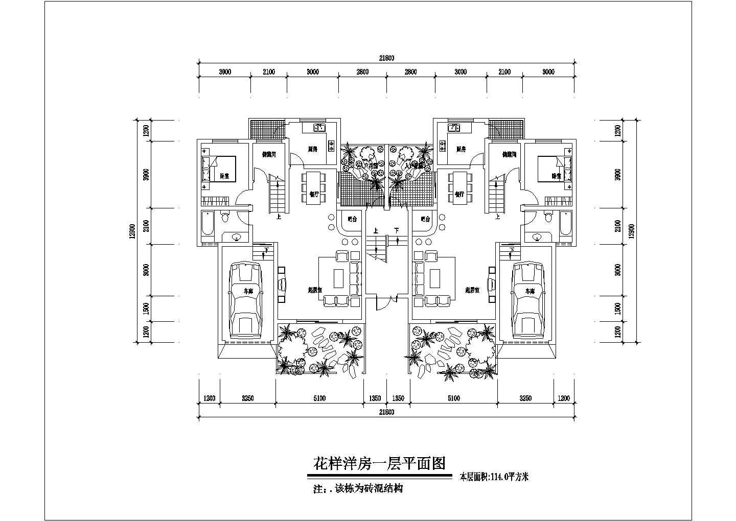 4层砖混结构民居住宅楼平面设计CAD图纸（1层2户）