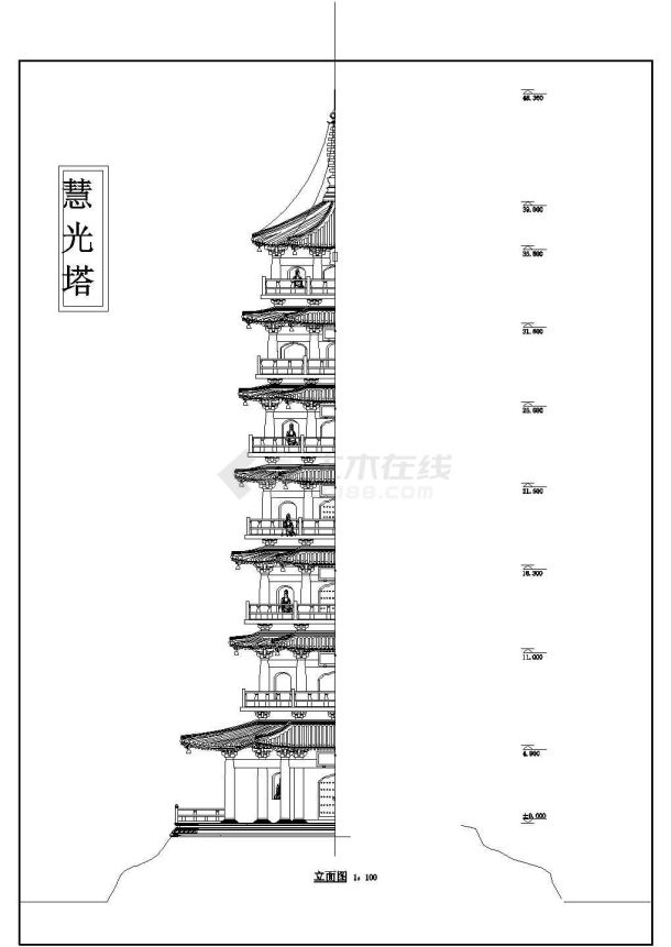 某景区多层砖混结构古塔全套施工设计cad图纸-图二