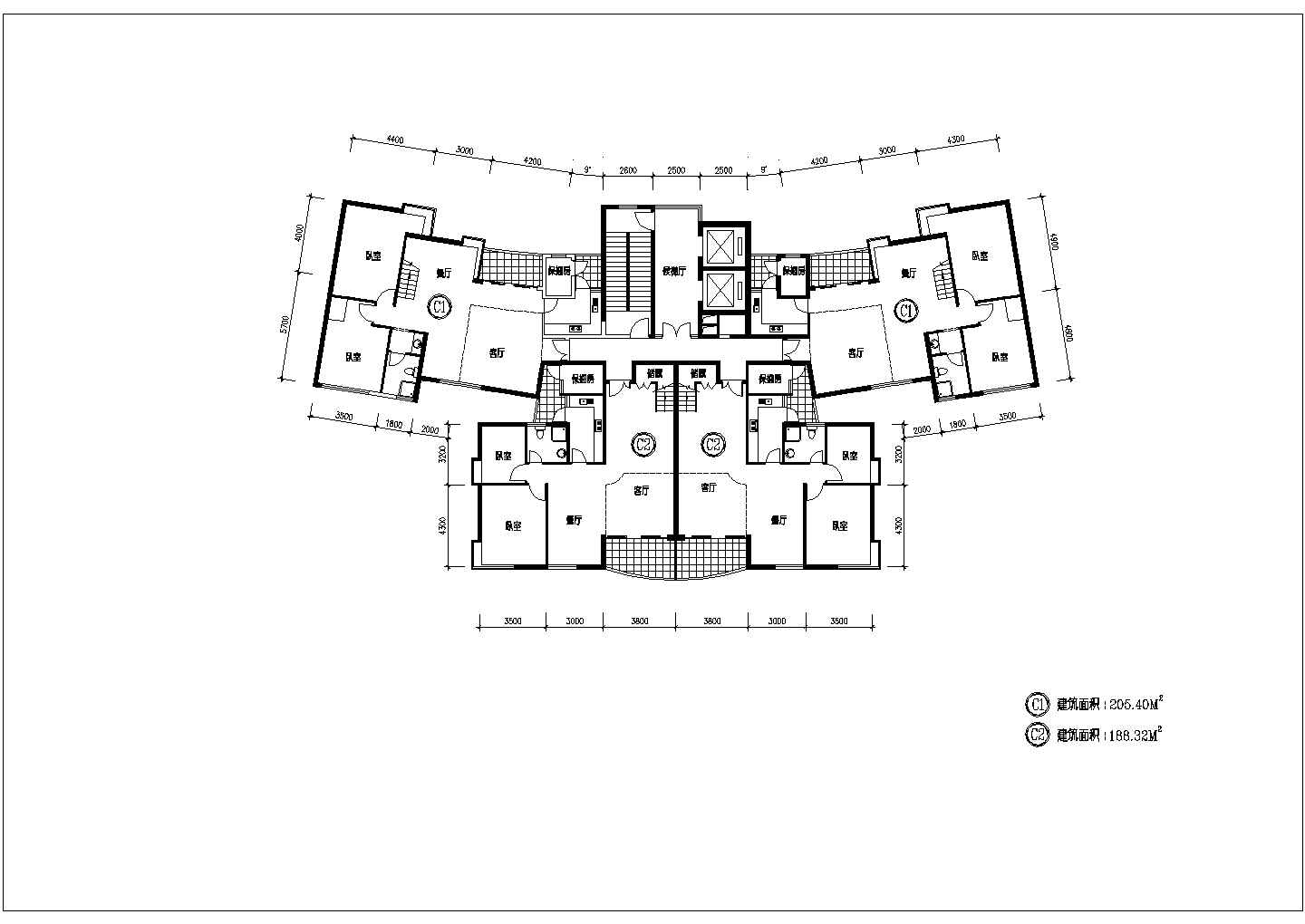 户型平面图设计_3室2厅【C2-188.32平】 楼中楼户型-5室2厅【C1-205.4平】