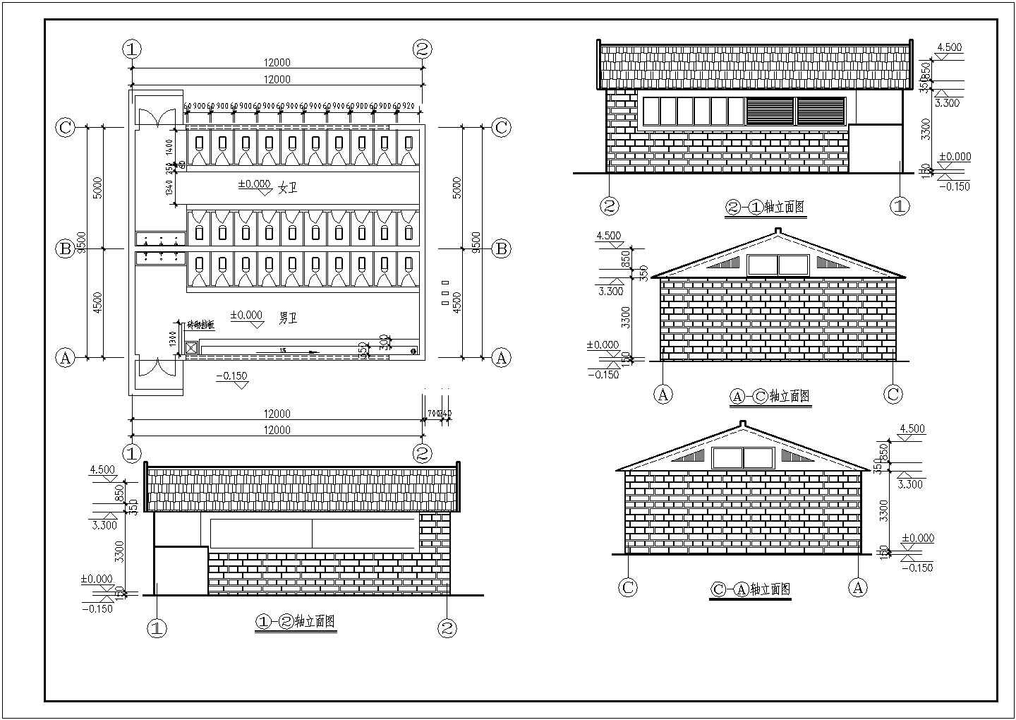 某长12米 宽9.5米 1层公厕框架结构方案设计（公厕平面图 四个轴立面）