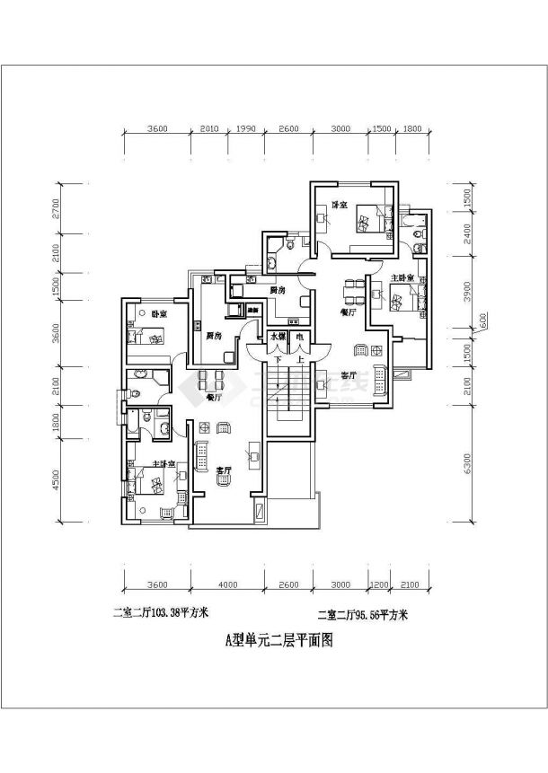 长沙市二室二厅103平米设计全套施工cad图-图二