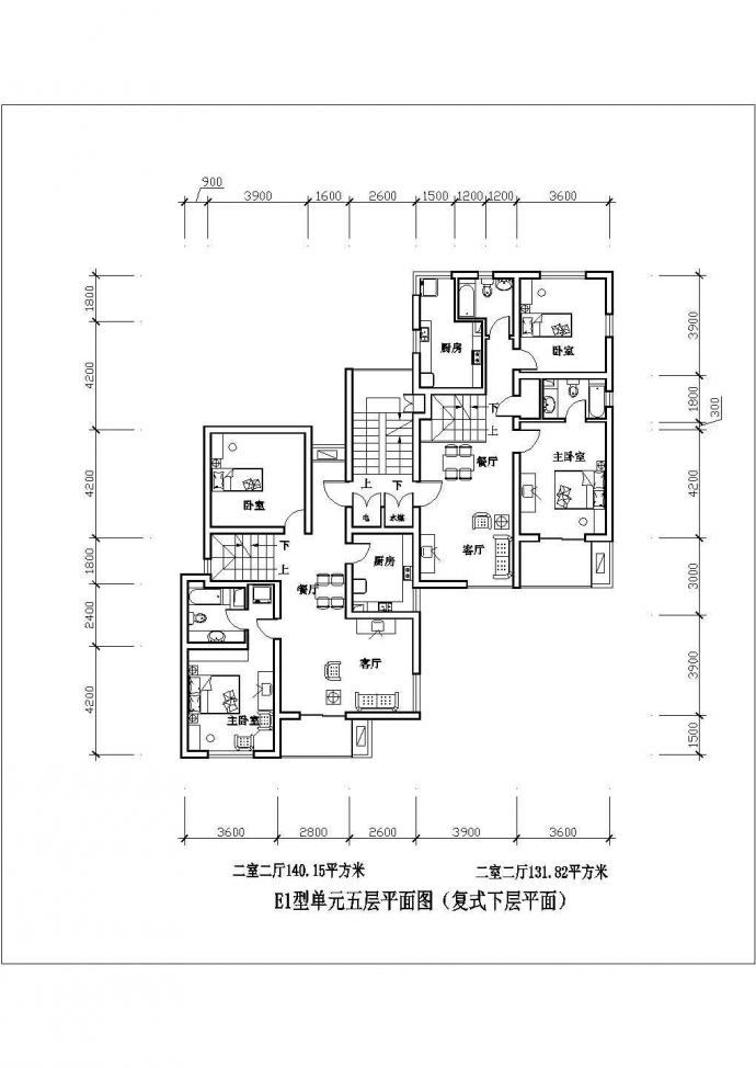 株洲市二室二厅140平米设计全套施工cad图_图1