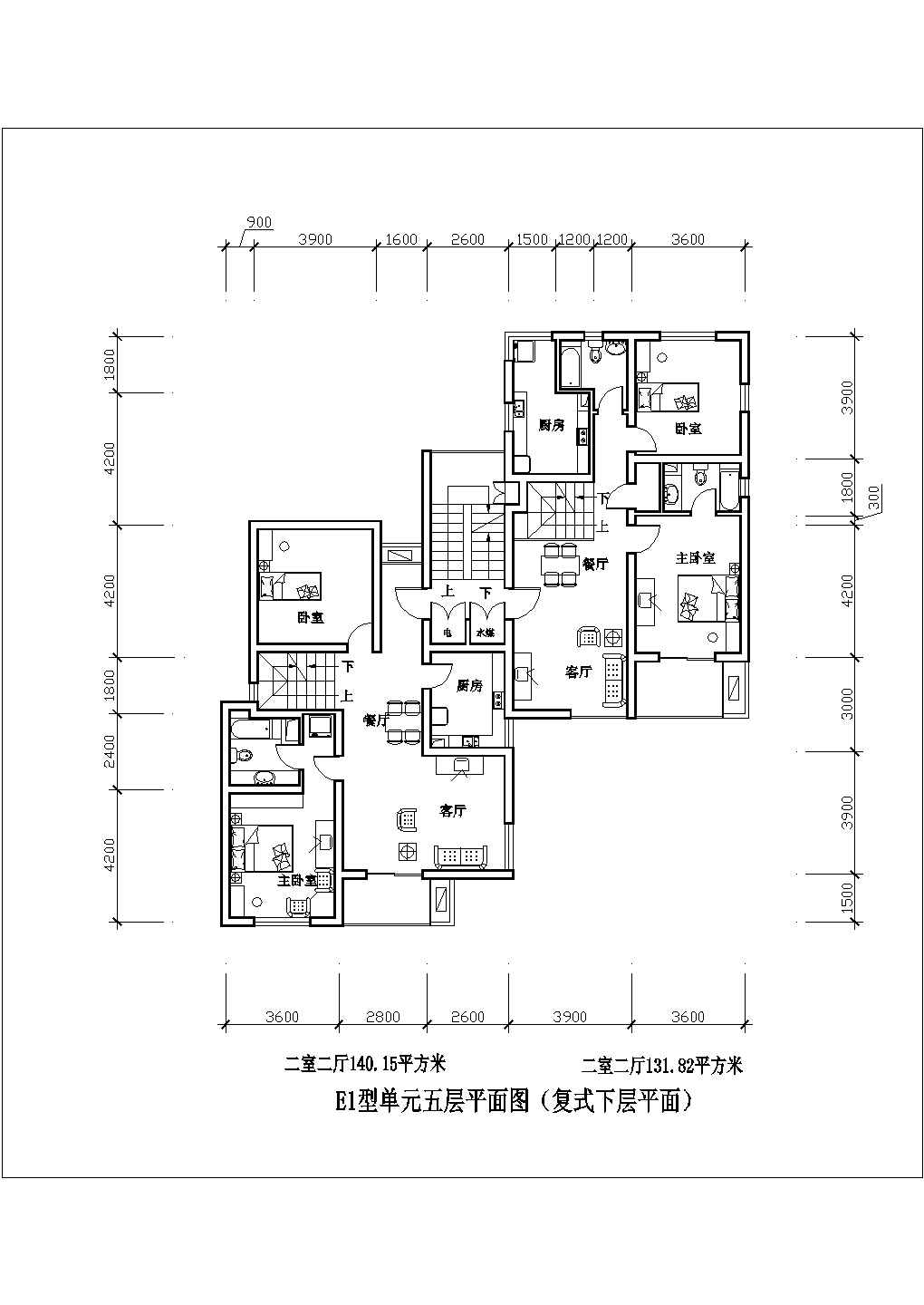 株洲市二室二厅140平米设计全套施工cad图