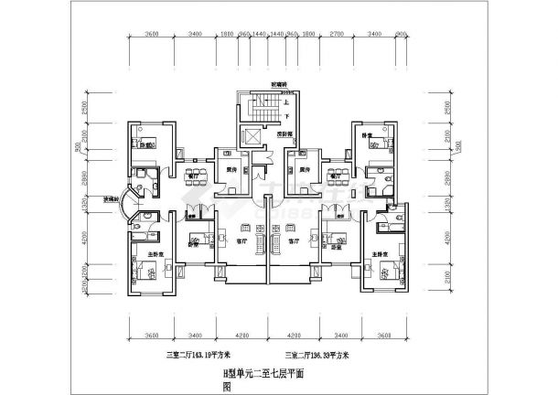 珠海三室二厅143平米5中户型设计全套施工cad图-图二