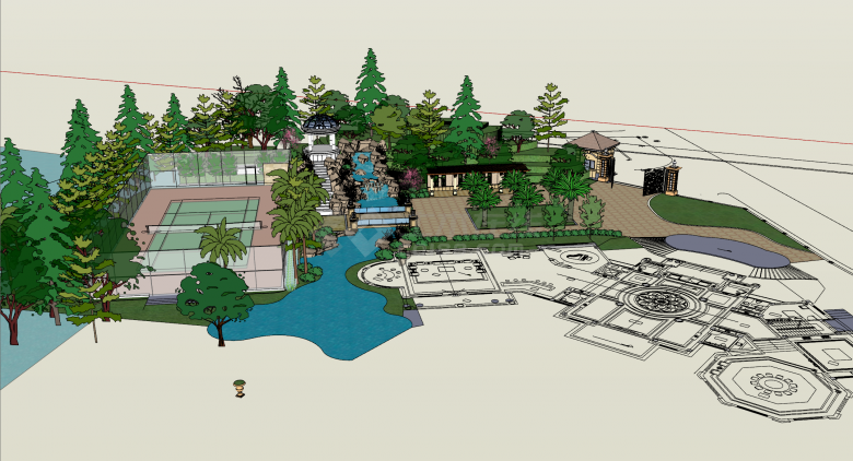 临海带花园和运动场的住宅su模型-图一