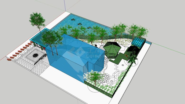 大型现代带车库水池庭院花园su模型 -图一