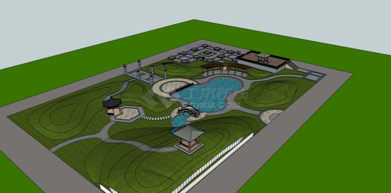 大面积绿地带水连廊休闲文化公园su模型-图二