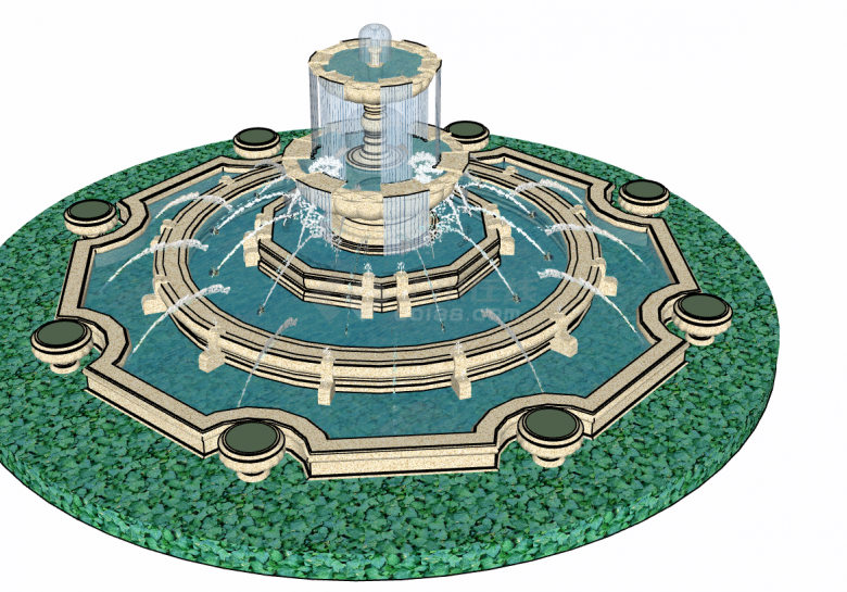 大型华丽翠绿色底座喷泉su模型-图一